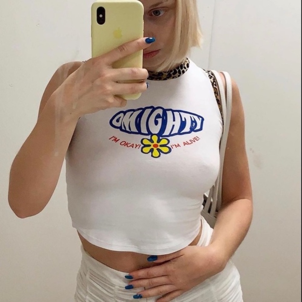 omighty White Graphic Crop Tank with Blue Logo